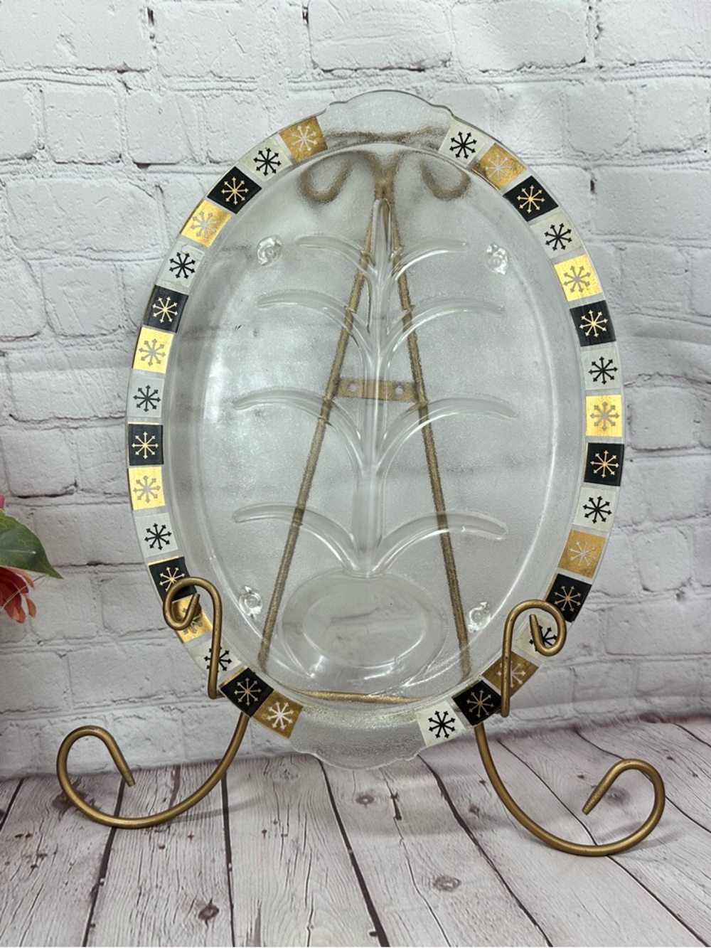 vtg inland footed Glass meat Serving Platter atomic starburst Trim retro